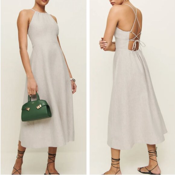 NEW Reformation Yuliy Linen Midi Dress Sz2 Oatmeal Beige Cream Tan Halter - Picture 1 of 10
